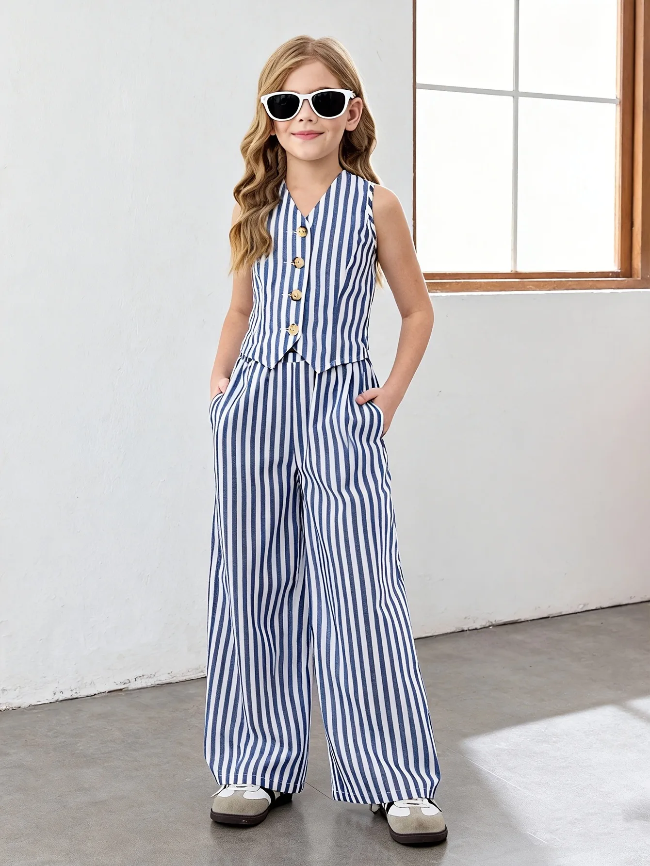 Ensemble de tenue rayée 2 pièces pour enfants filles, haut sans manches à rayures verticales bleues et blanches, col en V, gilet boutonné et pantalon à jambes larges à taille haute avec poches