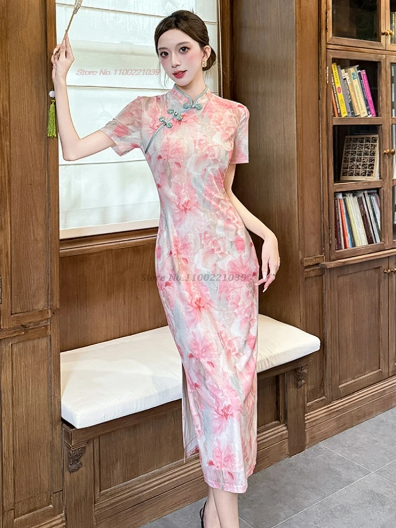 

2025 chinese sexy dress improved cheongsam national flower print vintage qipao retro nightclub dress banquet evening dress