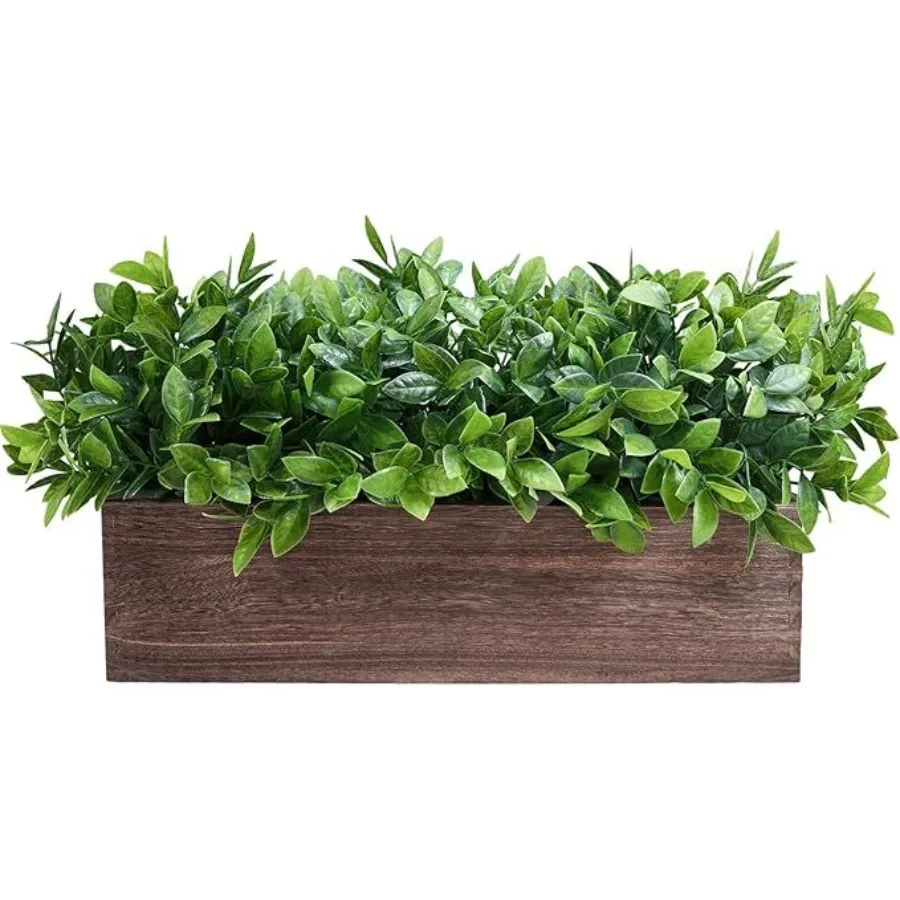 

Farmhouse indoor decoration: artificial boxwood plants in rectangular wood planter, green color, realistic foliage and low-main