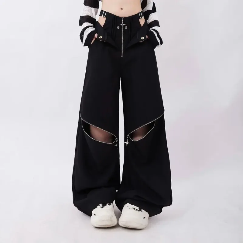 

Black Gothic Cargo Sweatpants Women Y2k Fashion Baggy Zipper Hollow Out High Waist Wide Leg Sport Pants Hip Hop Causal Trousers