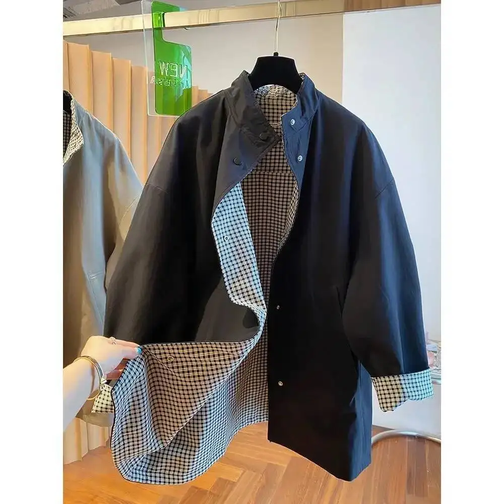 الفرنسية حجم كبير طوق فضفاض منقوشة معطف المرأة الربيع والخريف مزاجه جديد الموضة جوكر التباين سترة واقية غير رسمية. #1