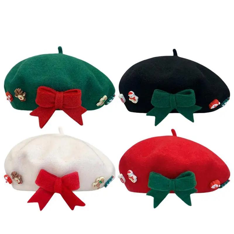 Bow Christmas Beret Women's Wool Warm Hat Christmas Gift Painter Hat Fashion Hat Bow Decorative Wool Artist Beanies Hats