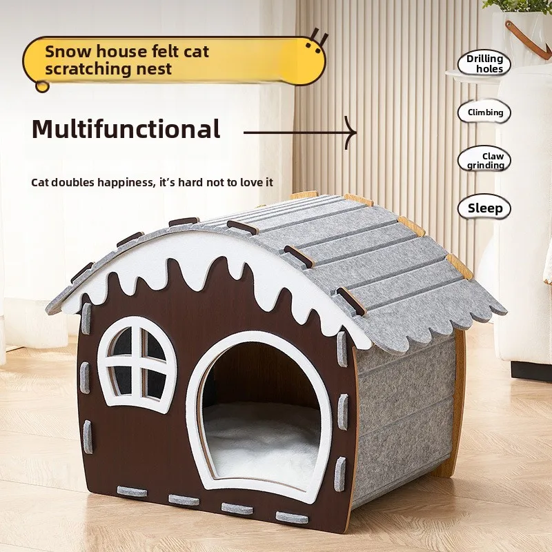 

New Semi Enclosed Cat House Winter Warm Felt Large Scratch Resistant Cat Condo All Season Use Durable Bed cat tower
