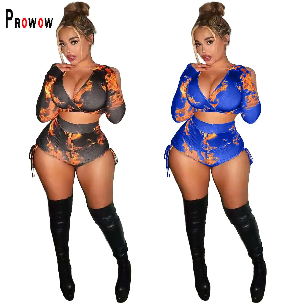 Prowow Sexy Women Suits Fashion Print Cropped V-neck Tops Shorts Oversleeve Three Piece Clothing Set Summer Party Club Wear