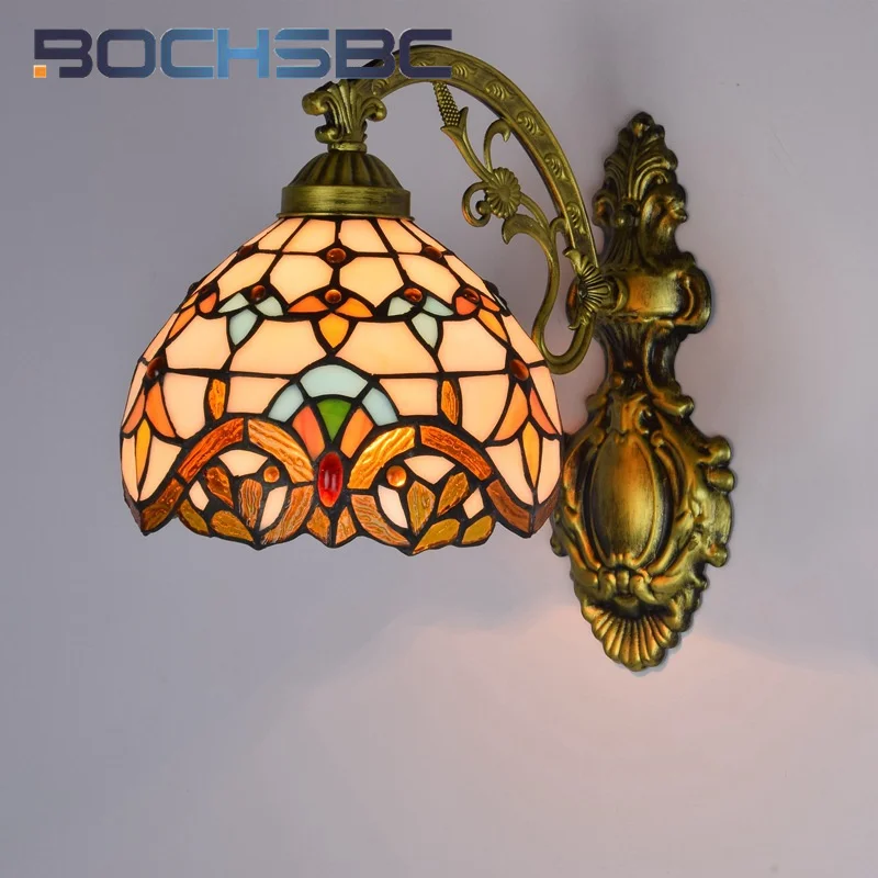 BOCHSBC Tiffany style stained glass mirror front Yellow Baroque bedside aisle hallway single head wall lamp LED decor