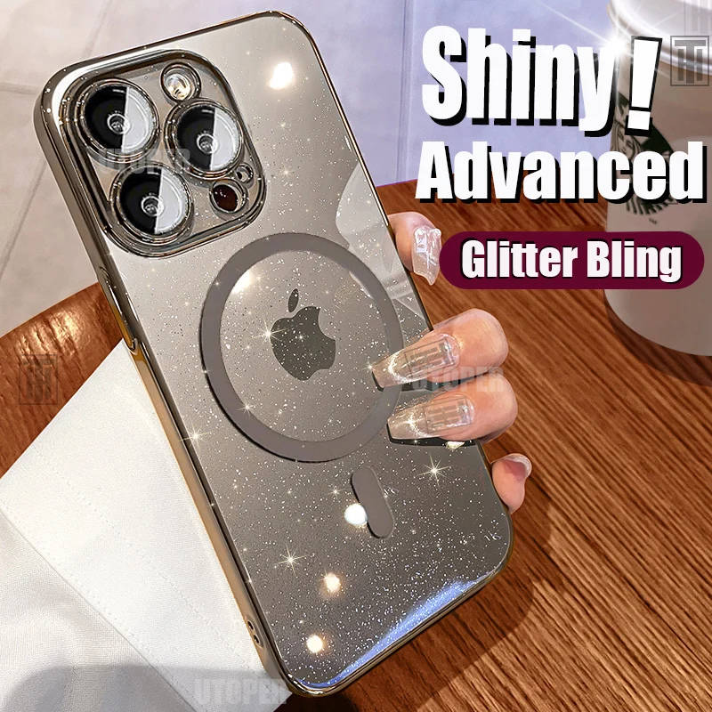 Hot Sale Fashion Sparkle Bling Phone Case for iPhone 15 14 13 12 11 Pro Max Plus Magsafe Magnetic Transparent Hard Protect Cover