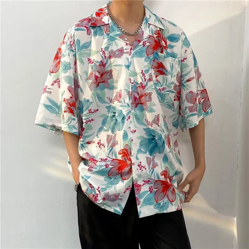 Hawaiian Shirts Männer Erweiterte Atmungsaktive Trendy Sommer Halbe Hülse Floral High Street Tasche Koreanischen Stil Männlich Hipster Hübscher