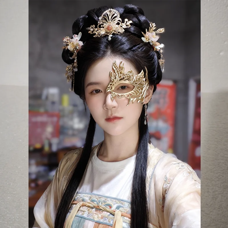 

Китайская древняя золотая смоляная полумаска для лица унисекс Hanfu Косплей Маскарад Вечеринка Одеваются