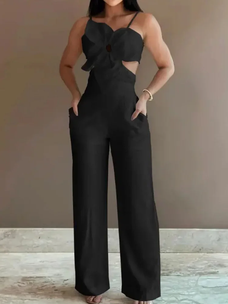 Wide Leg Pants Hollow Out Jumpsuits, Women Summer Sexy Sleeveless Solid Playsuits, New Patchwork Loungewear Rompers Dropshipping