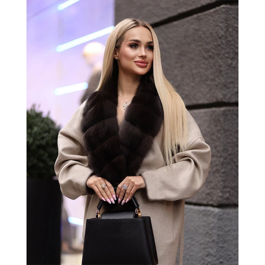 Women Real Fox Fur Collar Jacket Women's Winter Wool Coat 2024 Cashmere Long Coat Women Luxury High Quality