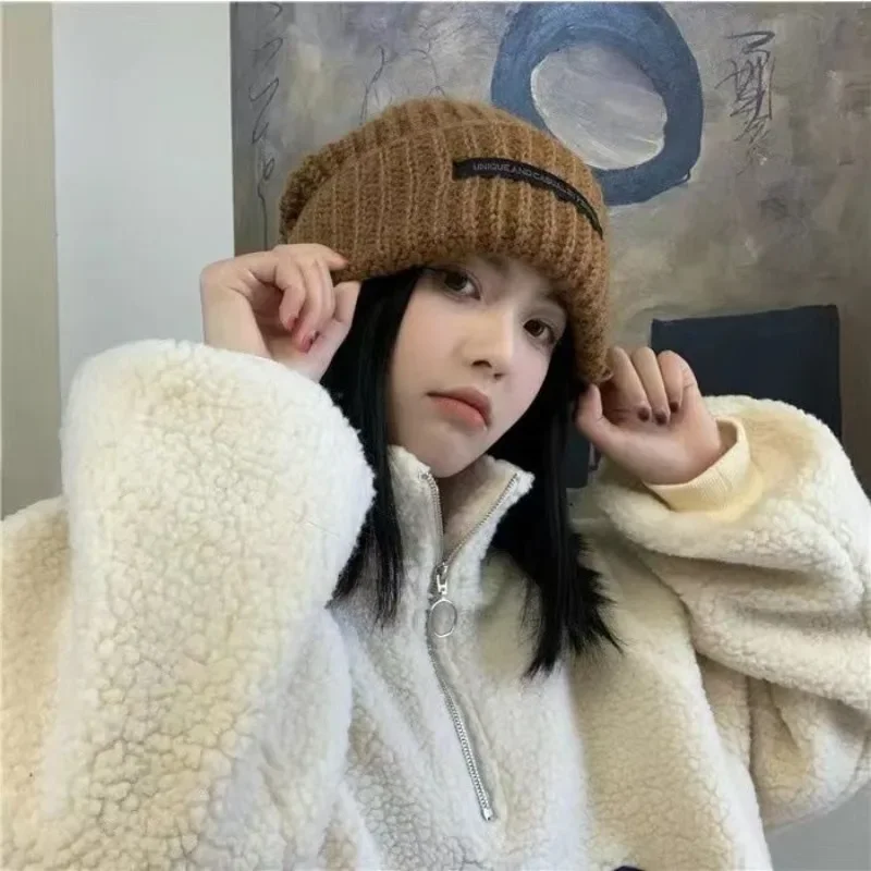 Women Fluffy Hat Winter Solid Color Cute Thickened Fashion Ear Warm Beanie Loose Sweet Knit Cap for Women Autumn Winter Warm