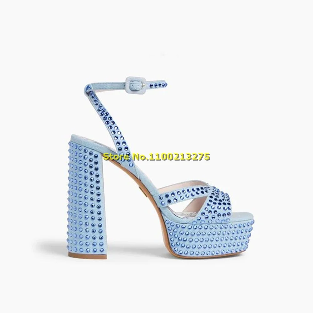 

Crystal Platform Block Heel Sandals Ankle Buckle Strap Handmade 2024 New Arrivals Summer Women Sandals Open Toe Dress Shoes