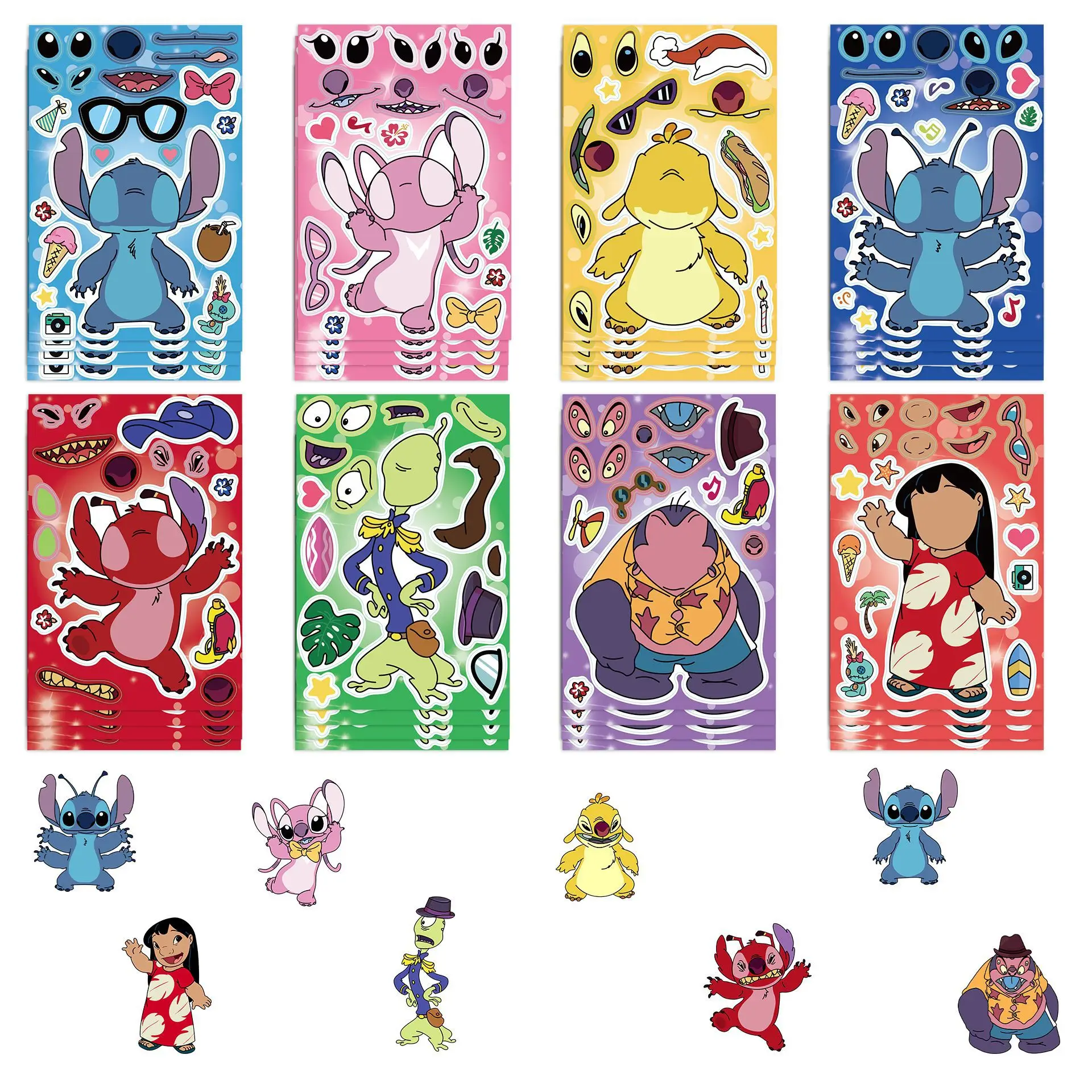 8 fogli Disney Stitch Cartoon Puzzle Stickers Anime Cute Children Make A Face giocattoli fai da te divertente assemblare Jigsaw Kids Boys Girls