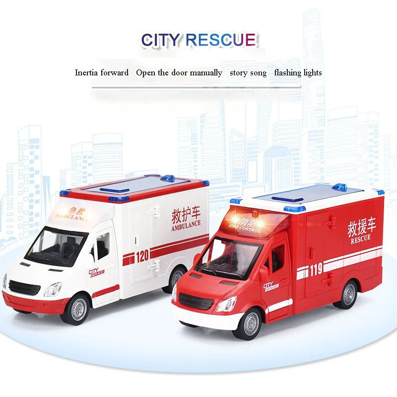 1:16 Large Ambulance City Rescue Car Music Light Pull Back Vehicle Model Boy Children Educational Toy Gift