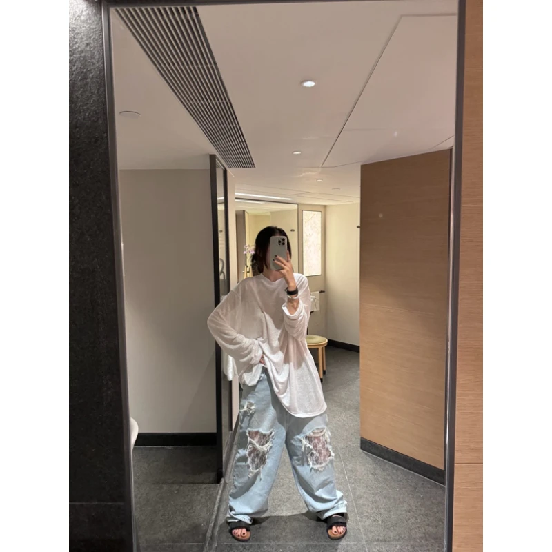 

Peachzhou Casual Design Lace Patchwork Hole Loose Straight Leg Jeans Ele Wide Leg Long Trousers for Women Spring Season