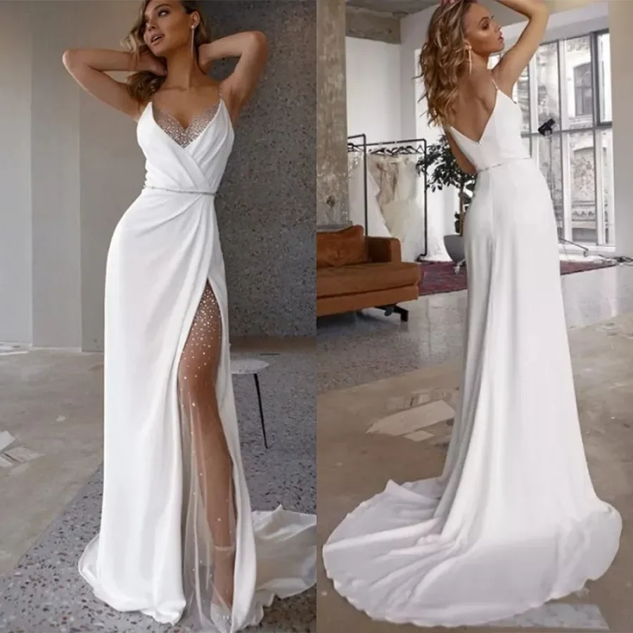Personalizado 2026 nuevo vestido de novia de mujer con diamantes de imitación 3D de sirena blanca Simple con espalda descubierta y abertura lateral vestido de novia de bola Sexy
