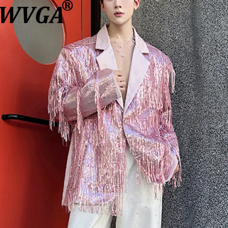 

WVGA Spring Autumn New Men Tide Trendy Sequin Tassel Design Turn-Down Collar Blazers Niche Chic Casual Suit Coats Ins Y2K W16219