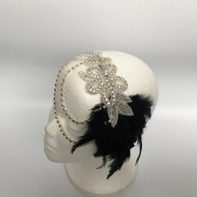 Retro Feather Headband Rhinestone Hair Luxury Accessories Woman Headdress for Wedding Costume Party