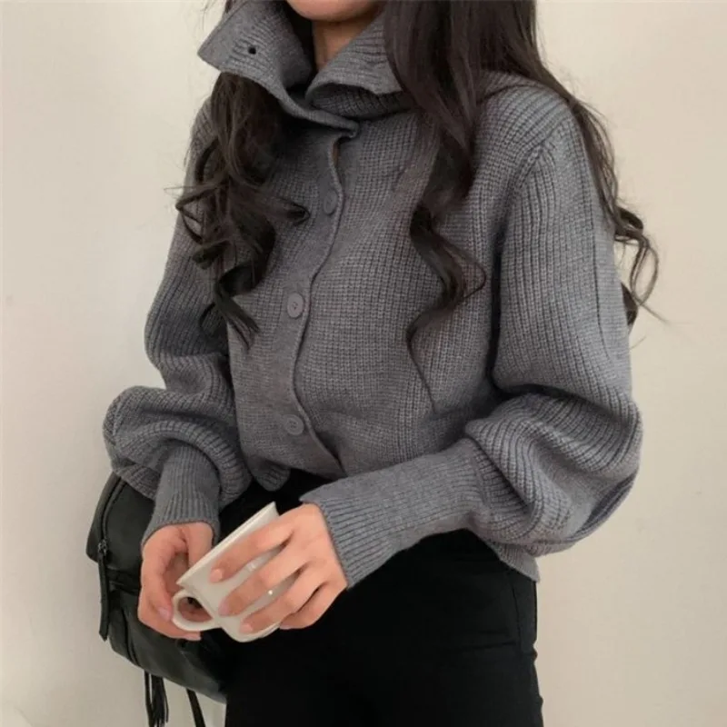 Korean Autumn Winter Women\'s Cardigan Sweater Temperament High Collar Lapel Single-breasted Sweaters Simple Loose Knit Coats Top