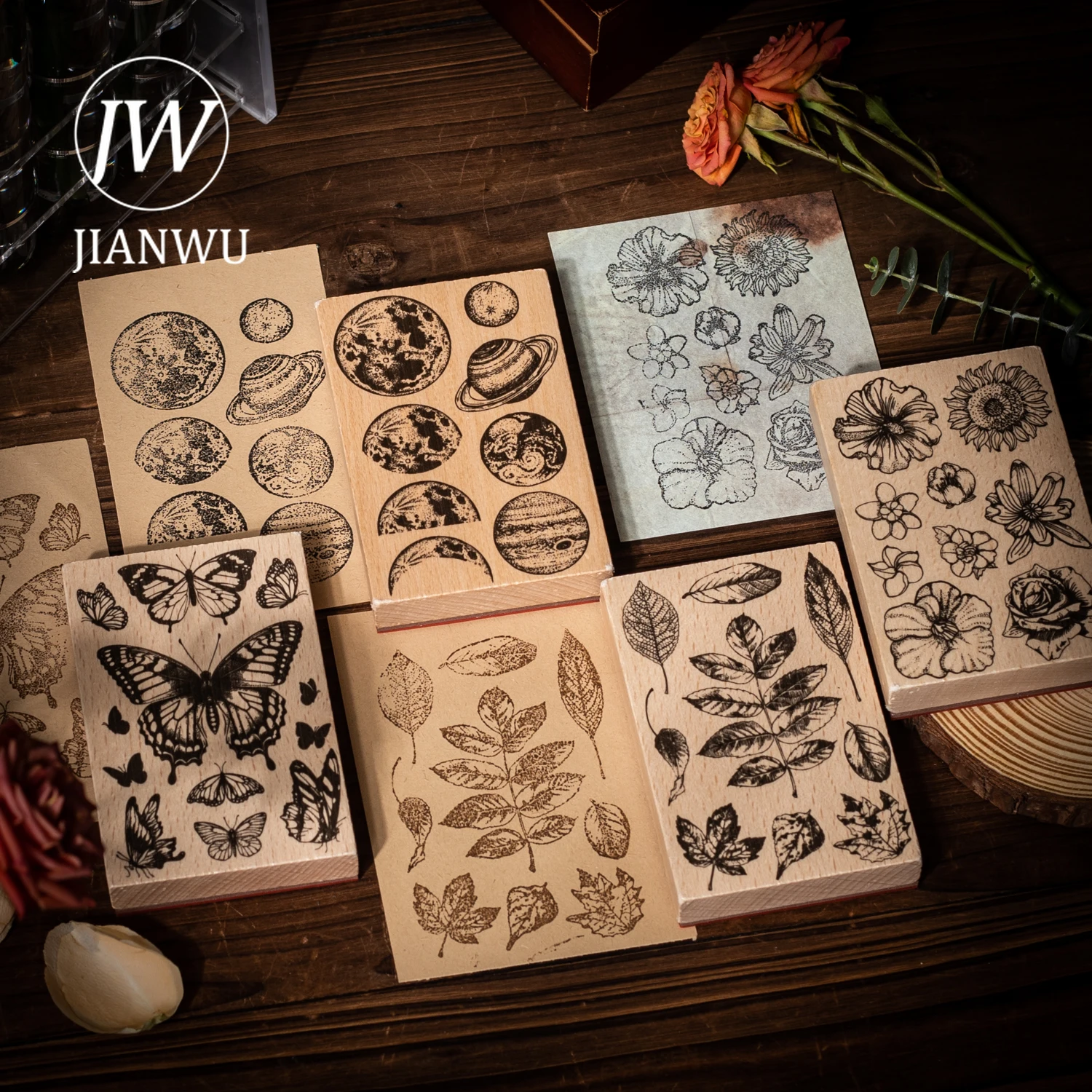 JIANWU Vientiane Garden Series Vintage Flower Butterfly Material Decor Wooden Stamp Creative DIY Journal Collage Stationery