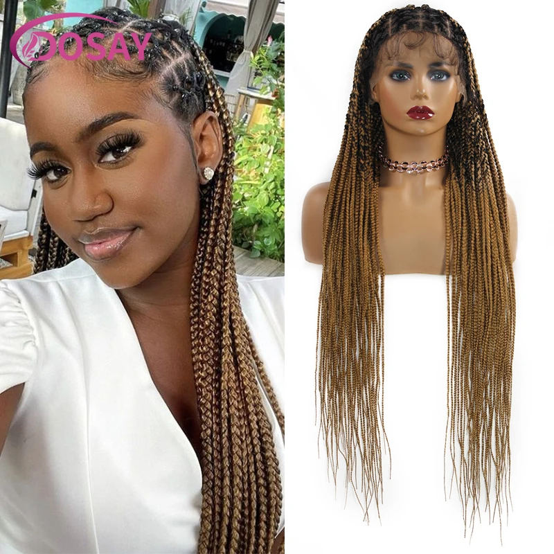 Full Lace Criss Cruz Trança Peruca, Ombre Loira, Box Tranças, Peruca com o cabelo do bebê, Knotless, Cornrow Trançado Perucas, 36"