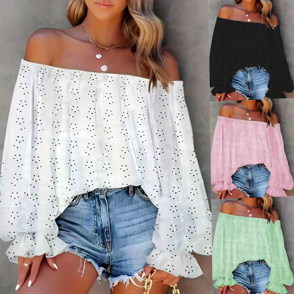 

Y2K autumn new top women's lantern sleeve shirt sexy off-the-shoulder ruffled hem top fashionable and elegant hollow loose top