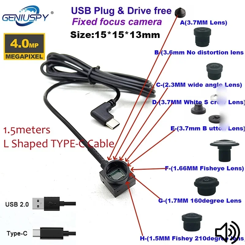 15x15mm Size 2560*1440P 4MP 2K HD Miniature USB Camera Mini L Type-C with Mic UVC Work Android ,Mac,Linux,Win,Linux Industry