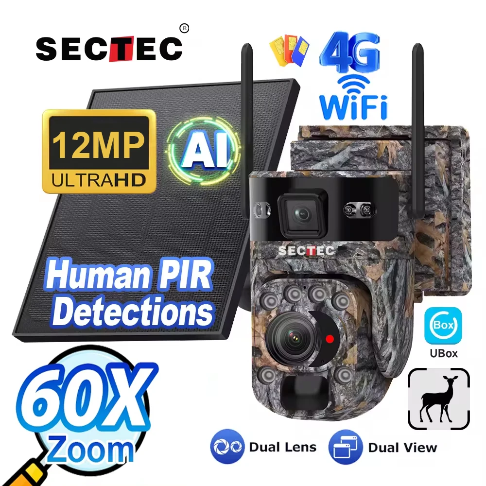 

Sectec 60X Optical Zoom Dual Screens 4G Solar Camera 12MP WiFi PTZ PIR Detection Auto Tracking Surveillance Cameras UBox App