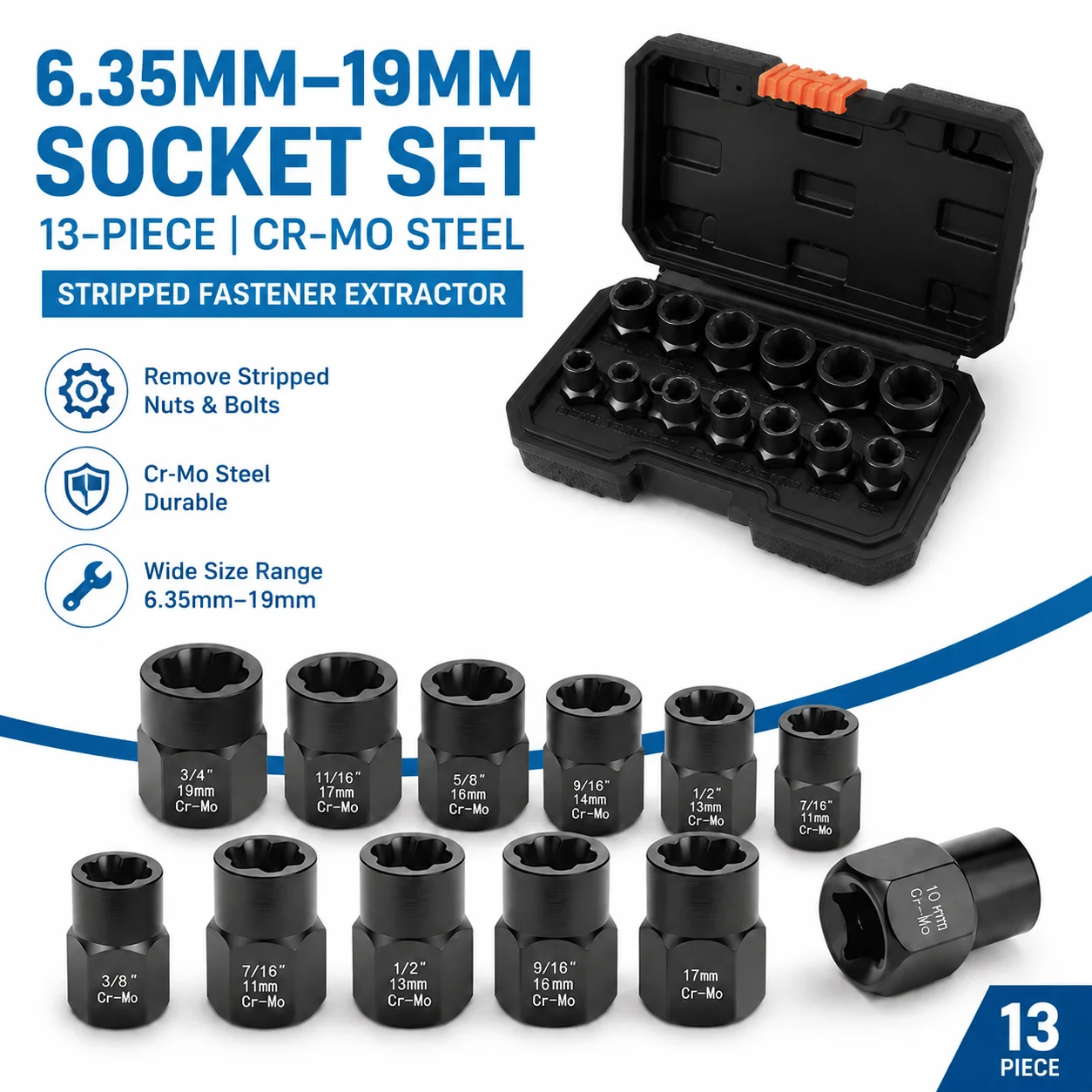 

6.35mm to 19mm Stripped Fastener Extractor Socket Set, 13-Piece Cr-Mo Steel Nut Bolt Remover for Auto Hand Repair