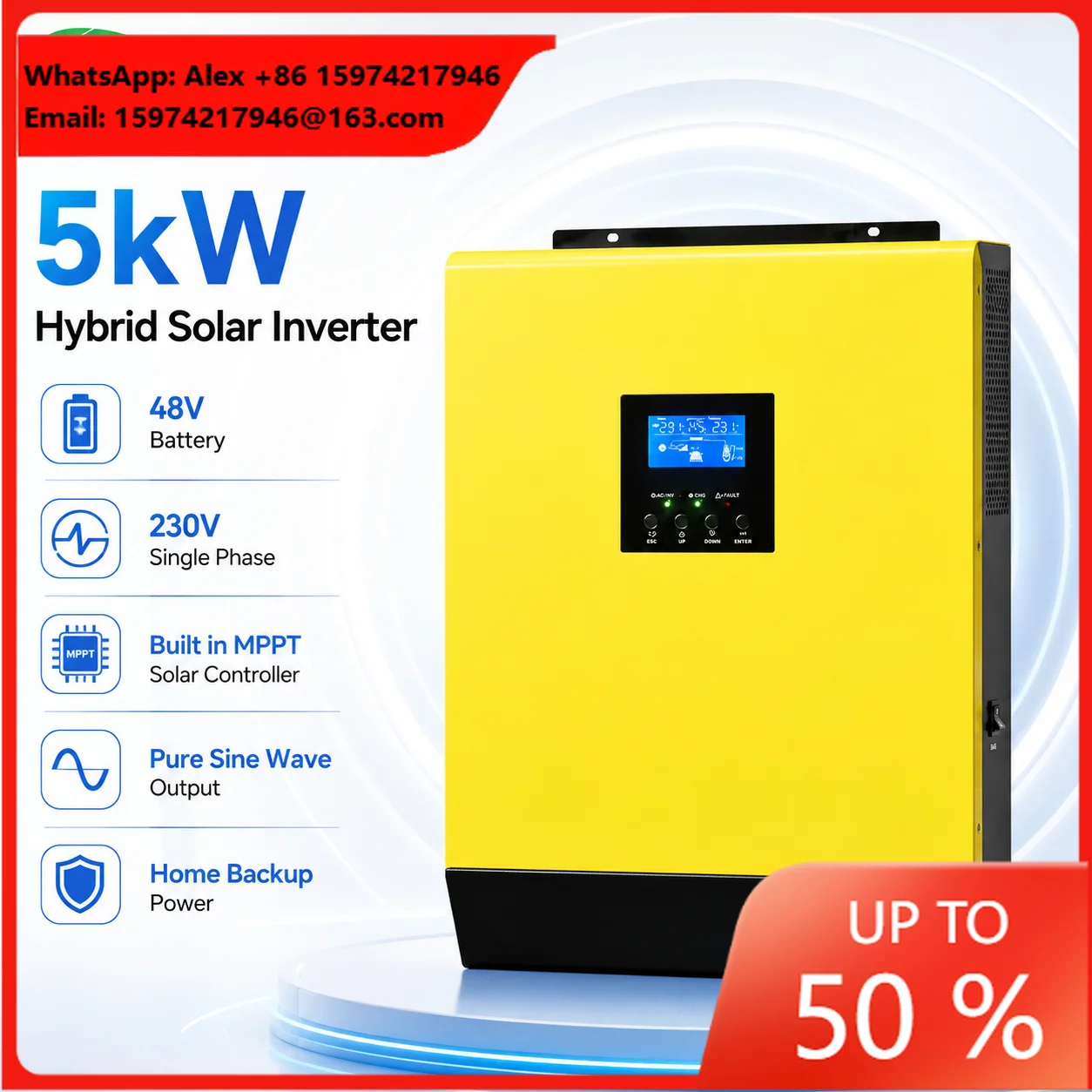 5kW Off Grid Hybrid Solar Inverter 48V 230Vac Single Phase 80A MPPT Pure Sine Wave Parallel Up To Nine Units For Home Backup