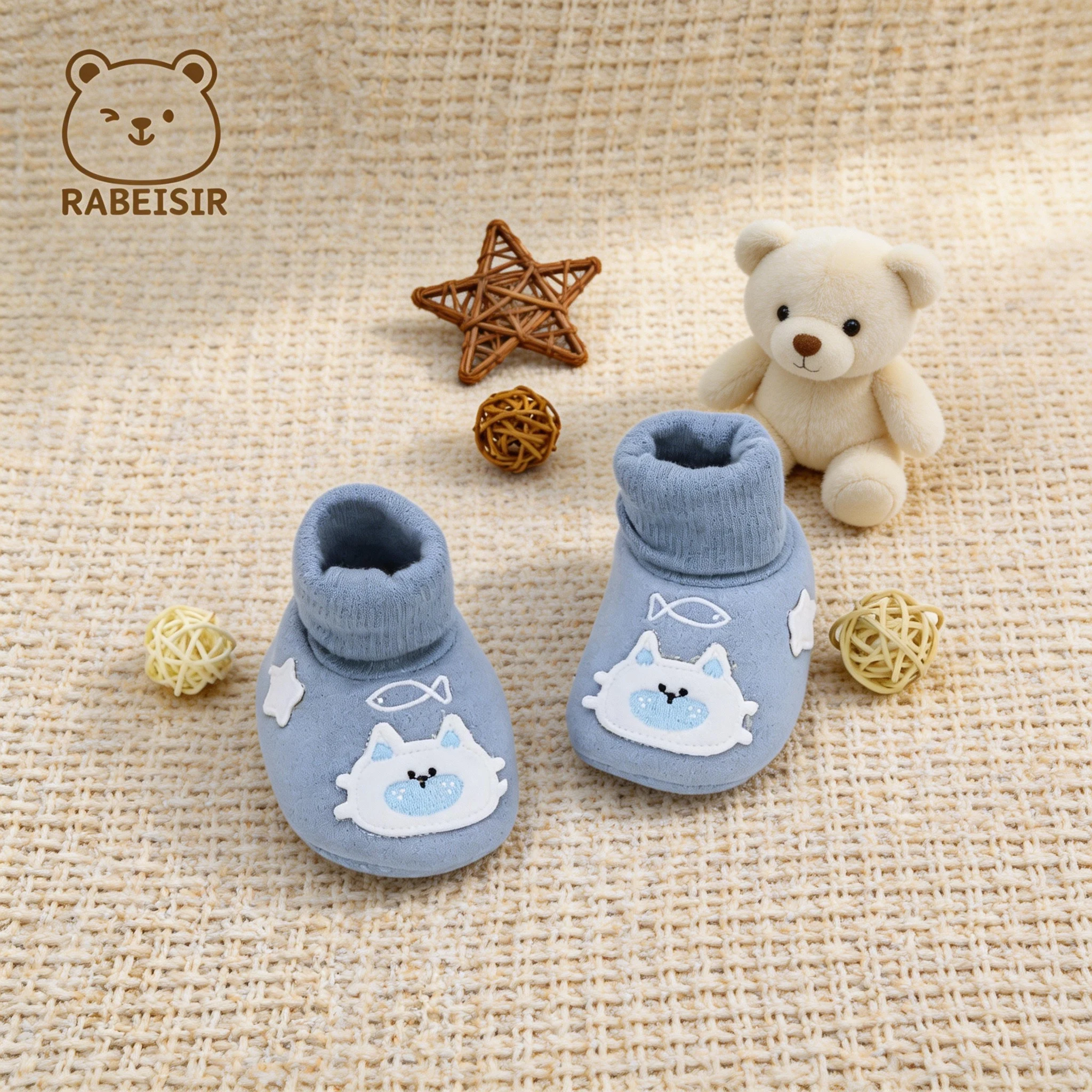 Baby Shoes Boy Girl Cartoon Bunny Cat Plush Fleece Lined Knitted Cuff Casual Soft Sole Infant First Walkers 0-18M