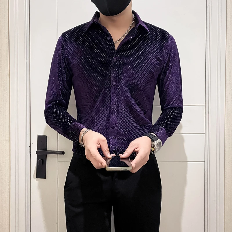 Luxury Velvet Men's Long-sleeved Shirt for Fall/Winter 2024, Suitable for Young Nightclubs and Party Dress Shirts.
