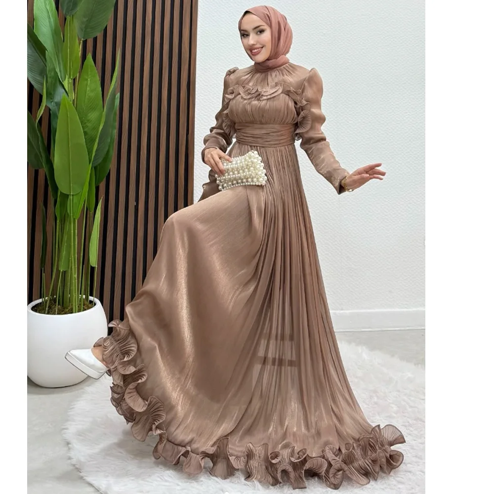 Customized O-Neck Evening Dresses Pleat Ruffles Floor-Length Prom Gown Simple A-Line Full Sleeve Long Draped Party Dress