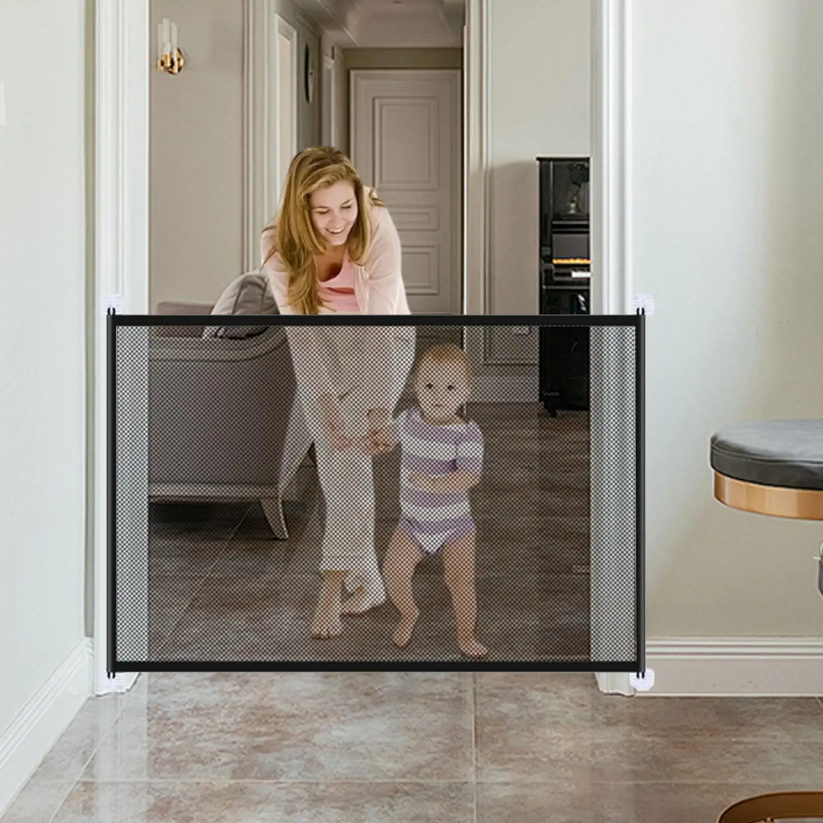 Pet Gate Indoor No-Drill Foldable Dog Gate Mesh Tall Adjustable Net For Doggy Doorways Living Room Bedroom Hallways Kitchen