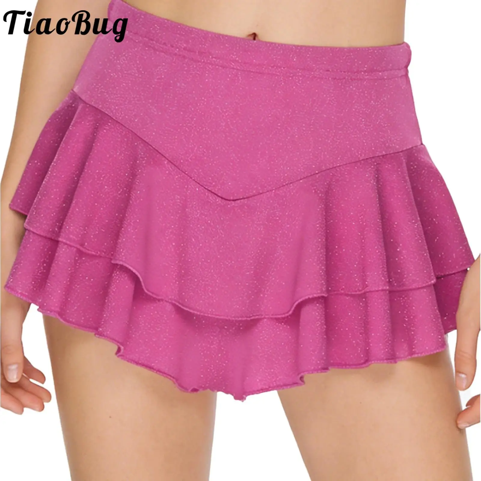 

Women Shimmering Built-in Briefs Miniskirt Elastic Waistband Tiered Ruffled Hem Culottes Skirt Dance Sports Clubwear Raves Party