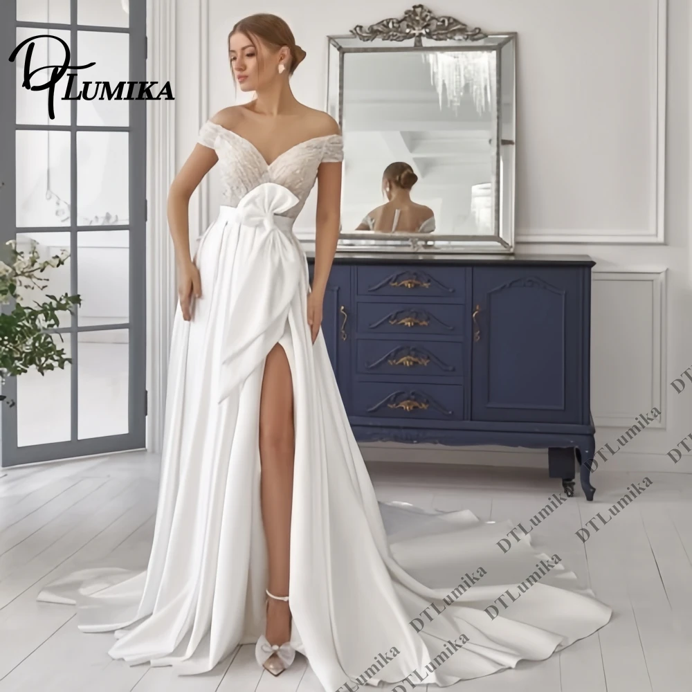 DTLumika Customized Satin Bridal Gown Cap Sleeves Beading A Line Long Wedding Dresses Sheer Back Urban Bride Dresses Plus Size