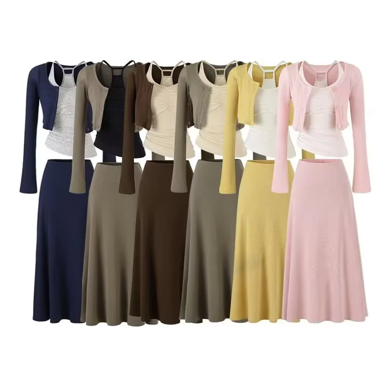 Round neck long sleeved cardigan & Tencel slim camisole vest & high waisted slit long skirt for daily casual vacation trend traf