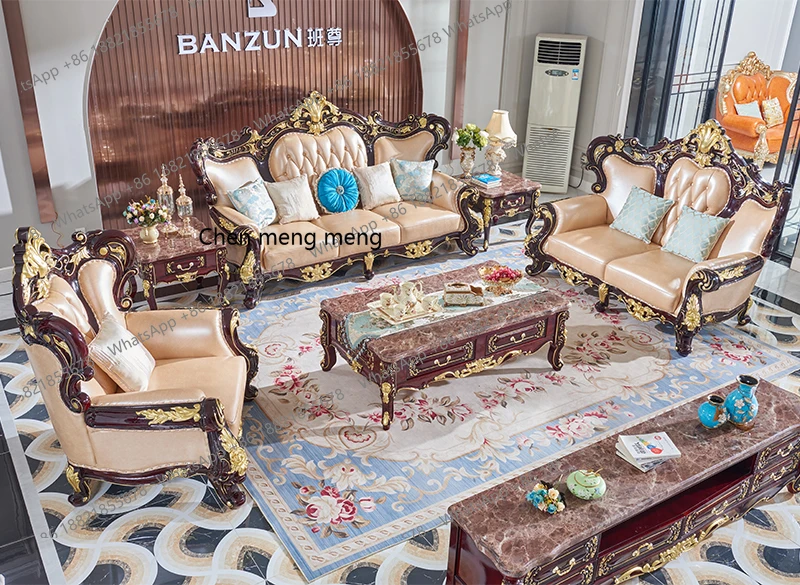European solid wood sofa double-sided carved first layer cowhide sofa leather villa living room luxury