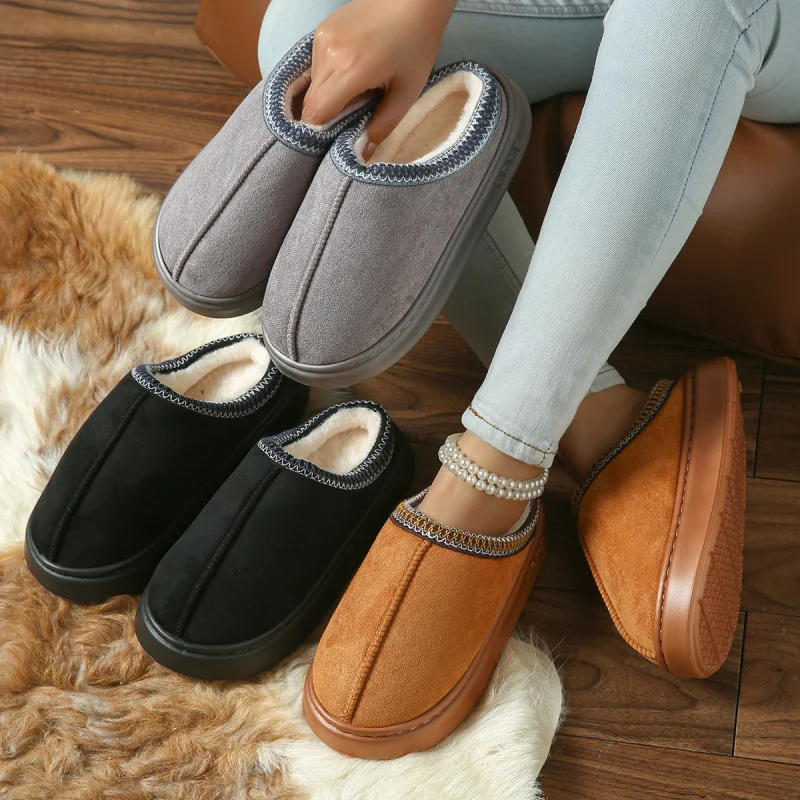 

2025 Solid Color Imitation Deerskin Velvet Stitching Home Slippers Thick Bottom Non-Slip Lightweight Warm Cotton Women Slippers