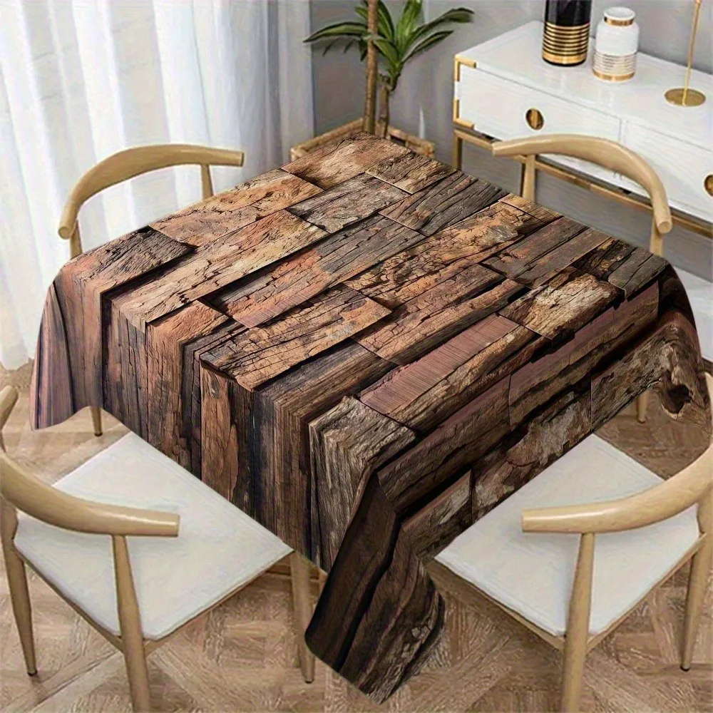 Rustic Wood Grain Waterproof Tablecloth Cover for Dining Room Furniture Protection