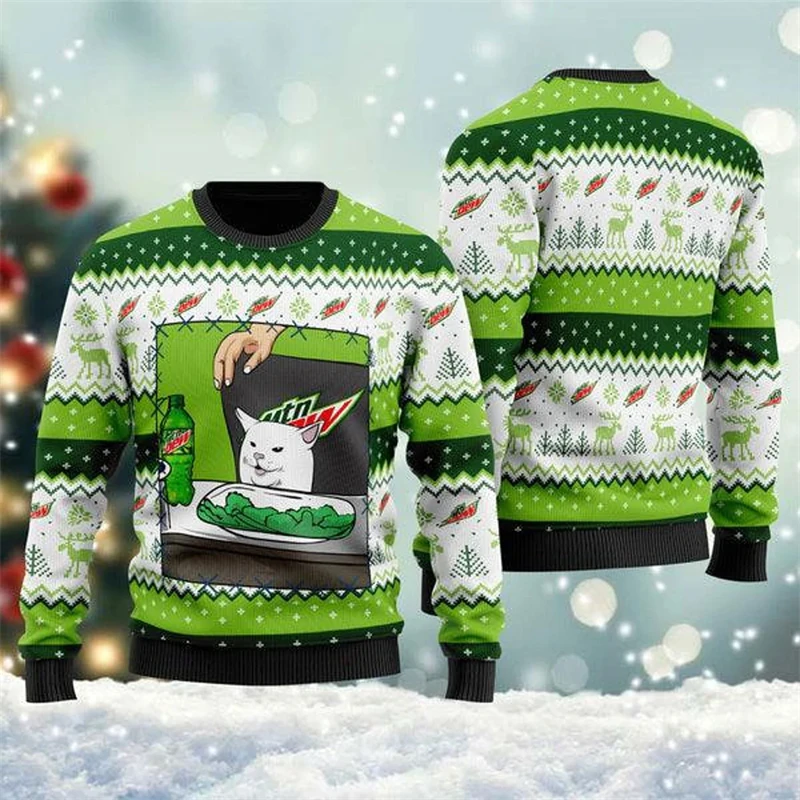 Funny Cat Graphic Ugly Christmas Sweater For Men Fashion Autumn Winter 3D Printed Xmas Sweatshirt Loose Breathable Pullovers