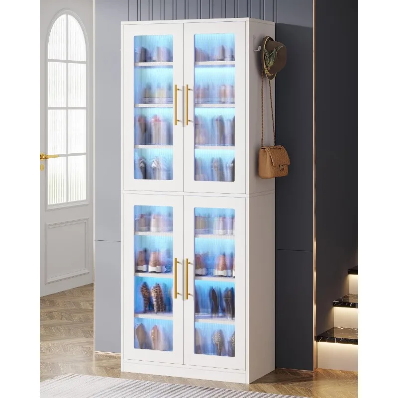 Tall Shoe Storage Cabinet with Acrylic Doors and LED Lights, 8-Tier Entryway Shoe Organizer Rack with Adjustable