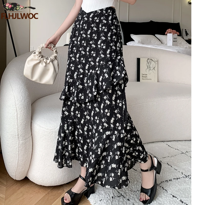 2023 Chique Korea Kleding Zomer Vrouwen Schattige Lieve Meisjes Bloemenjas Vakantie Date Hoge Taille Retro Vintage Laag Ruche Lange Rokken