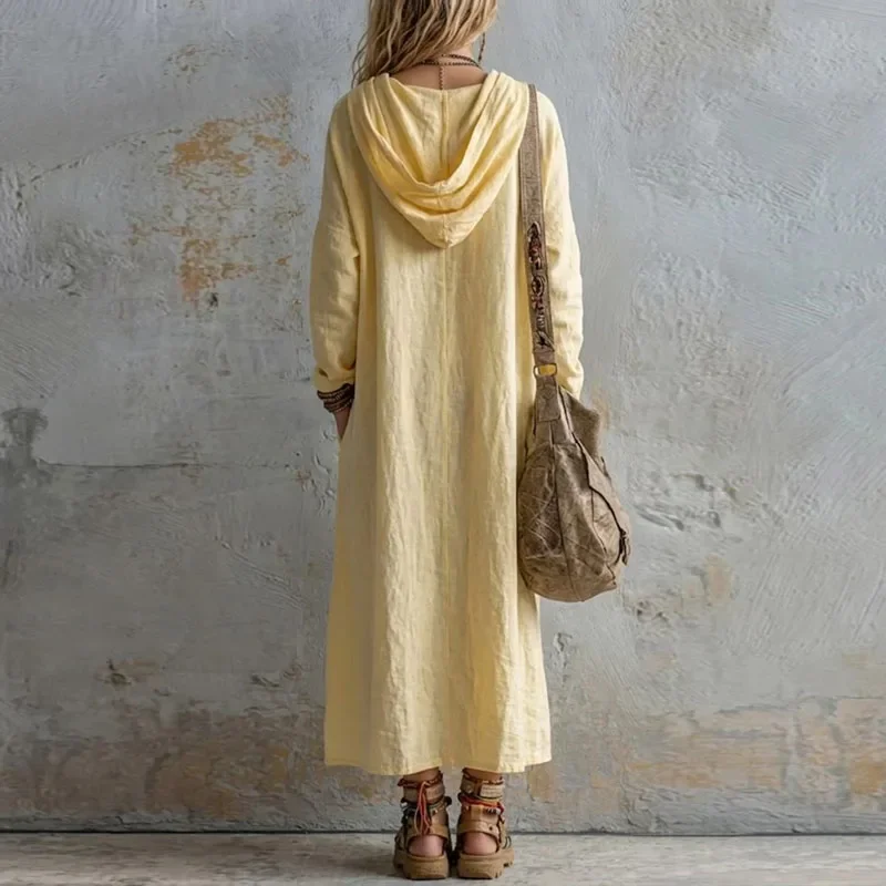 Women Solid Oversized Hooded Maxi Dress Long Sleeve Loose Dress Casual Autumn Beach Cover Up Pockets Holiday Dresses