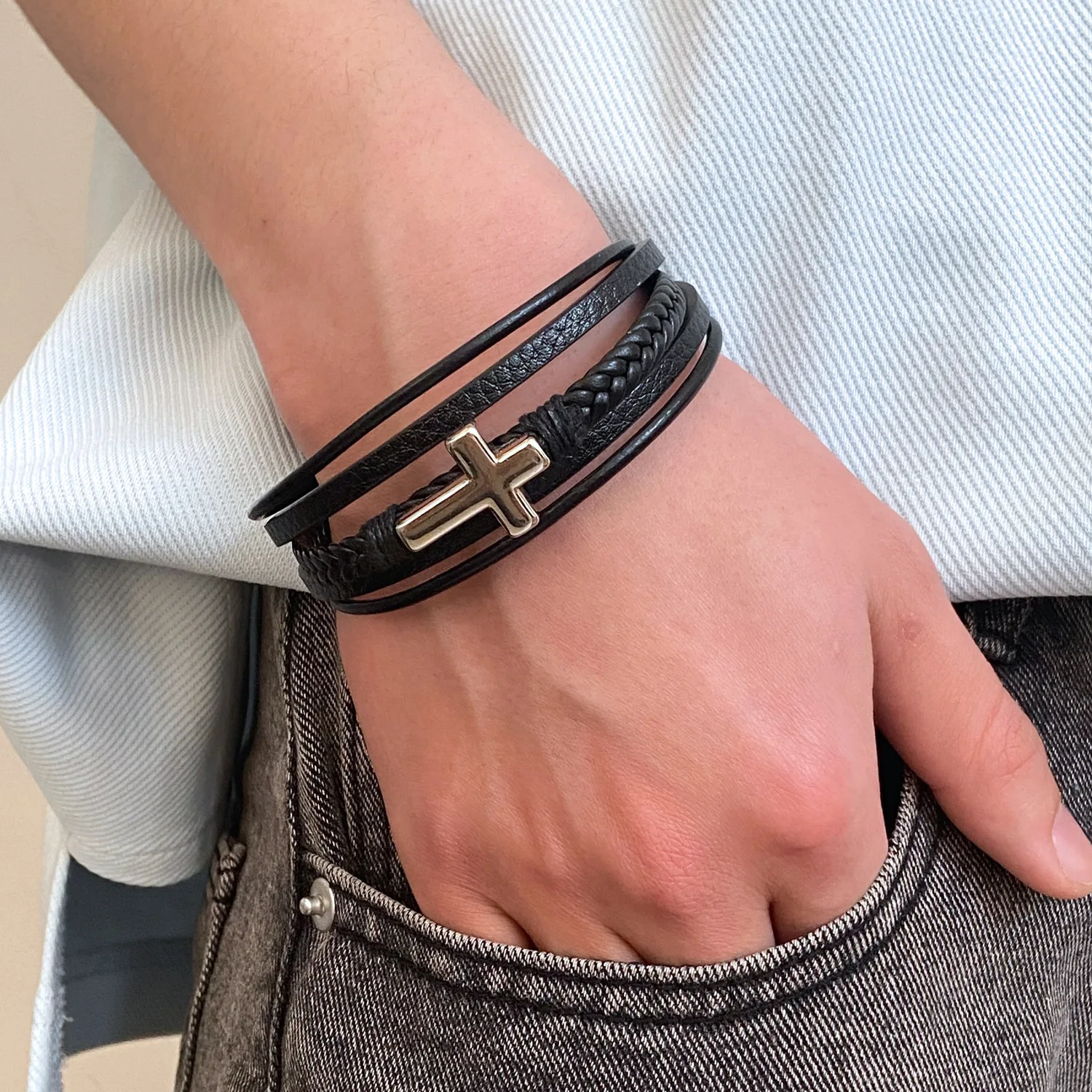 

Geometric Leather Bracelet Alloy Cross Accessories Handmade Braided Mens Cuff Hot Selling Fashion Jewelry