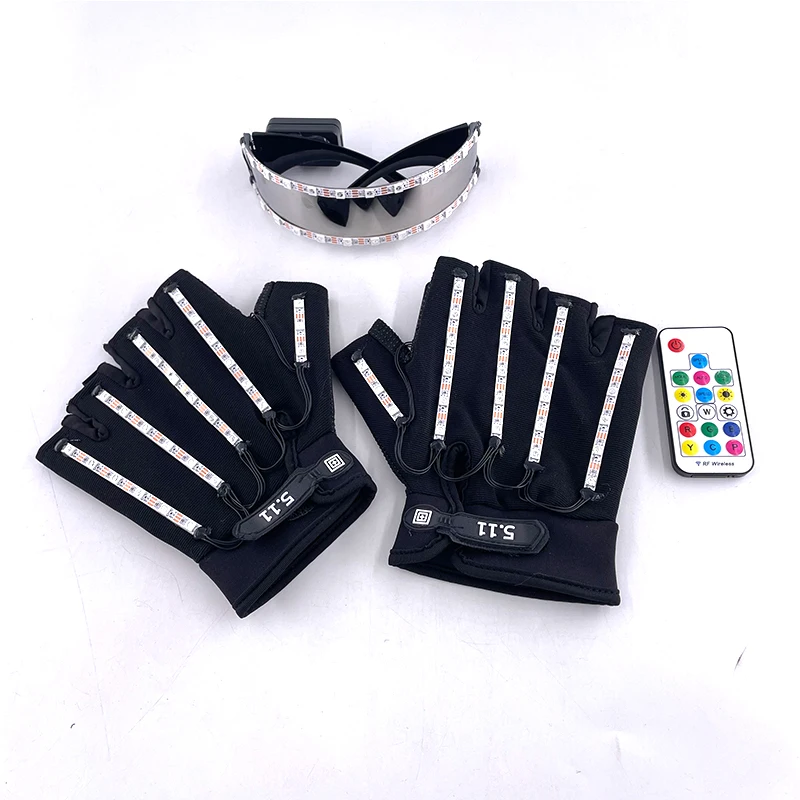 LED Glow Gloves Remote Control Rave Half Flashing Finger Gloves Light Up Glasses Rave Costume Party Decor DJ Performance Props
