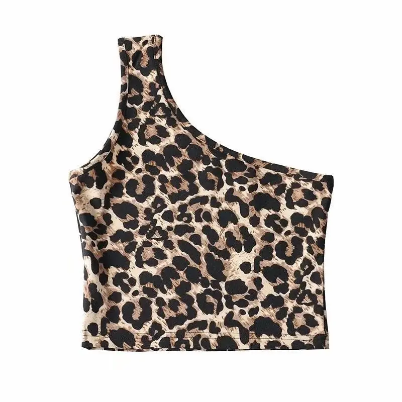 25 New Girls Single Shoulder Camisole High Waist Exposed Navel Slim Fit Short Leopard Print Vest