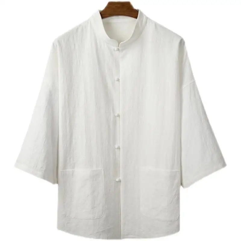 Spring Summer Men Shirt Linen Three-quarter Sleeve Shirt Retro Chinese Style Button Loose Cotton Linen Clothes