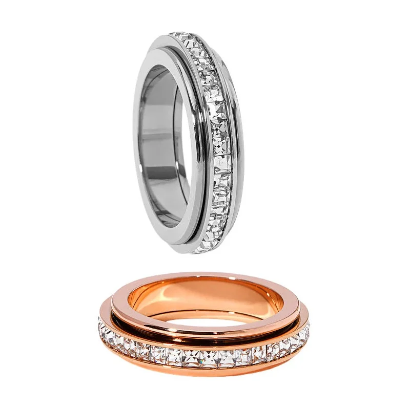 Anxiety Relief Spinning Rings Stainless Steel Zircon Inlaid Rotary Finger Ring Fashion Jewelry Wedding Band for Men and Women