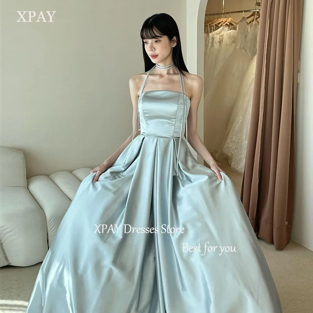 XPAY Blue gaun pernikahan sederhana tanpa tali gaun pemotretan Korea buatan kustom A-line terbungkus elegan tanpa lengan gaun pengantin